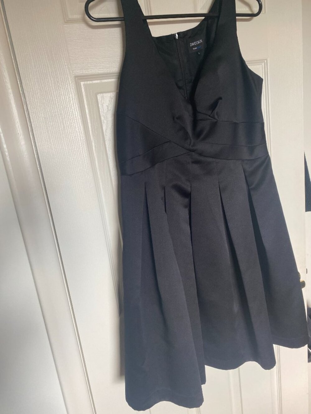 David Dixon for Sears Black Satin Pleated V-Neck Cocktail Dress Size 8